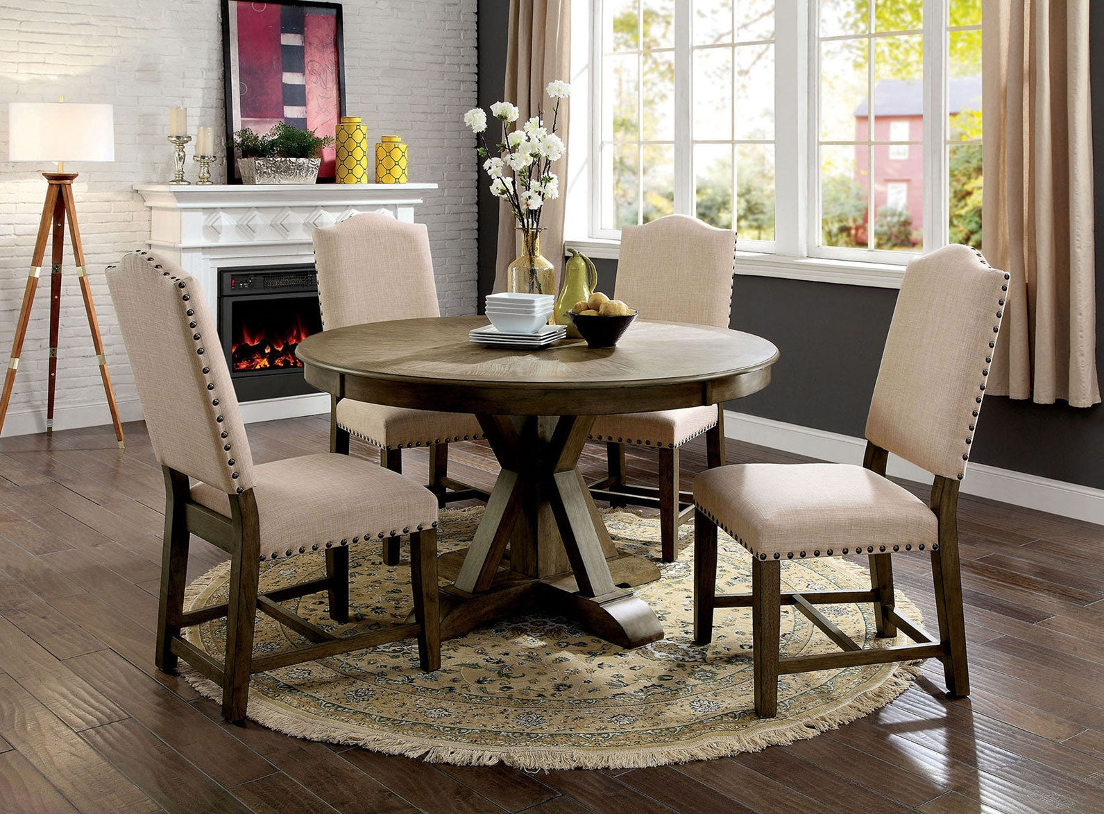 Julia 5 Piece Transitional Style Round Dining Set in Light Oak